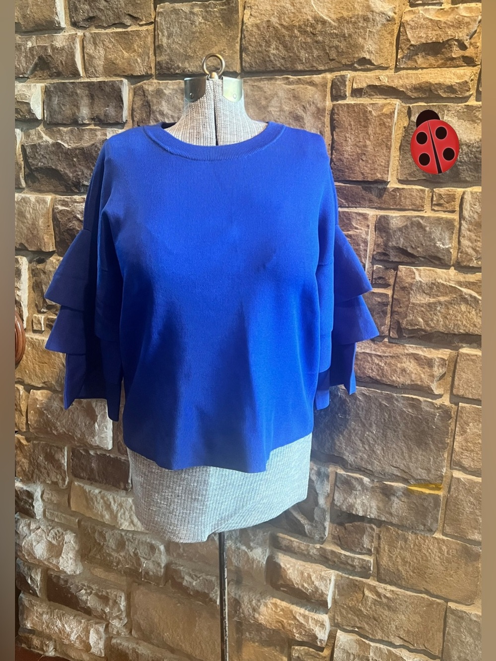Blue Ruffle Sleeve Women's Sweater Large